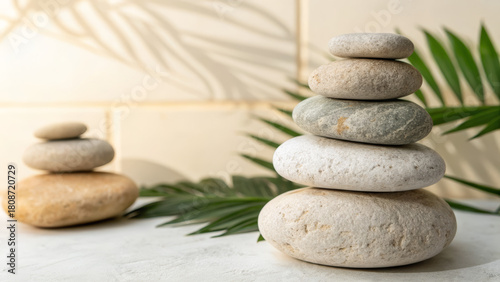 Two sets of stacked stones sit gracefully atop a light surface, surrounded by leafy greenery. The arrangement conveys peace and harmony in a relaxed environment