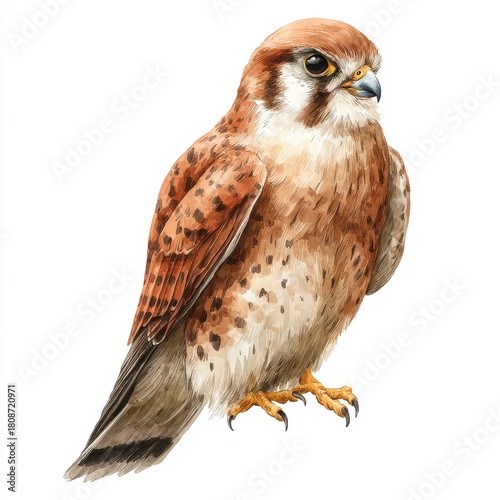 Detailed Watercolor Portrait of an American Kestrel Bird with Brown and White Feathers Perched