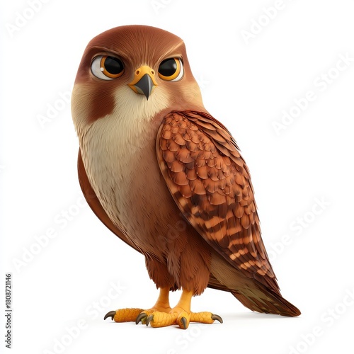 A Stylized Cartoon Falcon Bird With Brown Feathers And Large Orange Eyes Standing Isolated On A White Background
