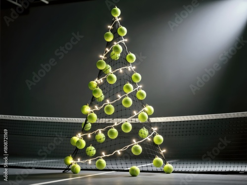 Conceptual Christmas tree formed by tennis net and balls with string lights in dark studio.