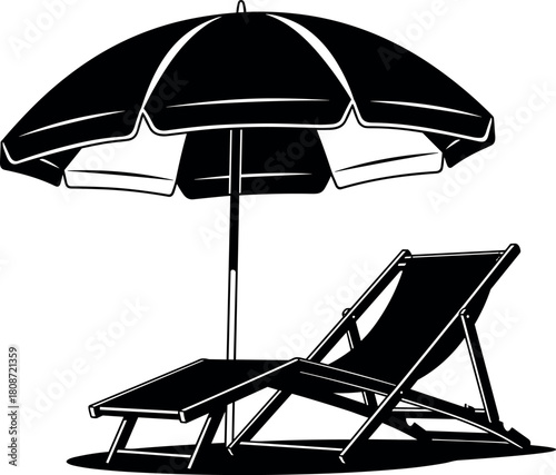 Beach chair and umbrella silhouette, summer vacation symbol, relax deckchair icon, sunshade vector illustration, isolated black travel element.