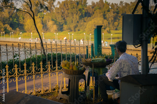 Fototapeta Naklejka Na Ścianę i Meble -  A man selling fruits in a park of India