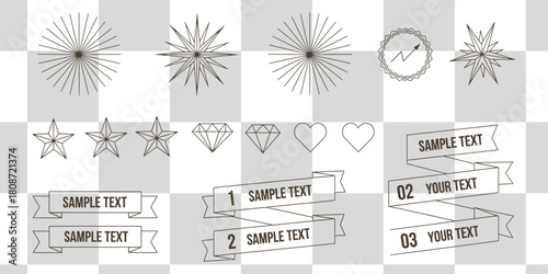 Graphic design elements featuring stars diamonds hearts ribbons and banners for creative projects