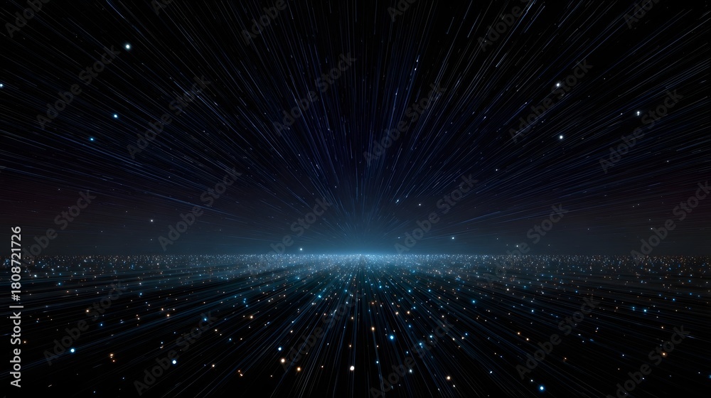 Obraz premium A dynamic abstract visualization of glowing lines and particles receding into a dark cosmic expanse