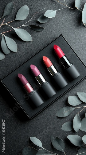 A collection of four lipsticks in various shades of pink, coral, and red, presented in a black box with decorative eucalyptus leaves.