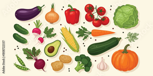 Fresh vegetables assortment featuring eggplant onion pepper tomatoes cabbage and other produce