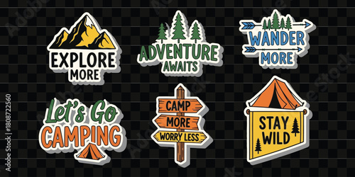 Assorted camping stickers featuring mountains trees tents and inspirational adventure quotes