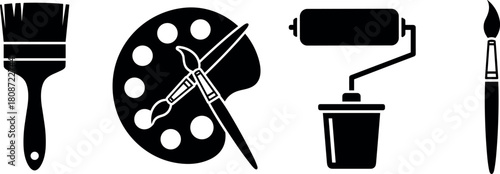 Painting tools icon set, flat brush, artist palette with crossed brushes, paint roller with bucket, fine art paintbrush, black silhouette.