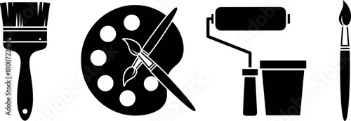 Painting tools icon set, wide brush, artist palette with crossed brushes, paint roller with bucket, fine art paintbrush, vector silhouette.