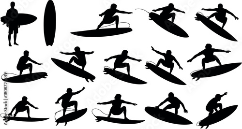 Surfing silhouettes set, surfer riding waves, man with surfboard, water sport action poses, black vector collection, isolated.
