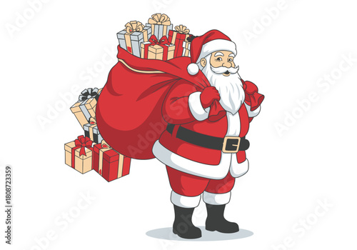 Cheerful cartoon Santa Claus in a red suit carrying a large sack overflowing with gift boxes.