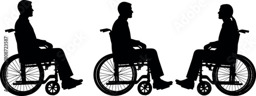 Wheelchair users silhouette set, disabled men and woman interacting, mobility impairment concept, accessibility symbol, medical vector, isolated on white.