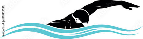 Swimmer silhouette, freestyle stroke, man swimming in blue water, sport logo, black figure, vector illustration, isolated on white.