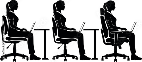 Woman sitting posture, correct and incorrect positions, ergonomic office chair at desk with laptop, silhouette vector icon set, spine health.