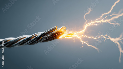 Close-up of a high-voltage cable with a powerful electric arc. The image showcases the potential dangers of electricity