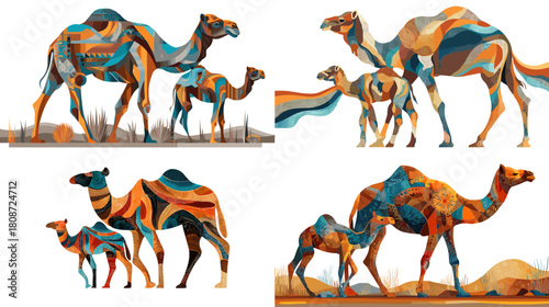 Colorful stylized illustration of camels with abstract patterns walking in desert landscapes. Artistic wildlife depiction showing camel families and warm desert scenery.