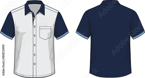 Modern men short sleeve shirt front and back view, navy and white color block design, stylish casual summer fashion.