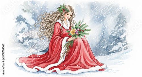 Watercolor Christmas Fairy in Red Dress Sitting in Snow Holding Winter Floral Bouquet