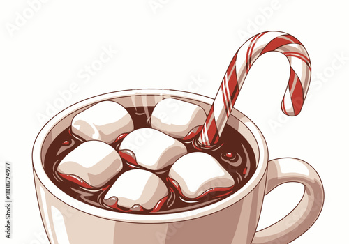 Delicious Hot Chocolate with Marshmallows and Candy Cane Festive Drink.