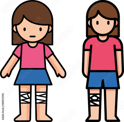 Two cartoon characters with injuries on legs, one wearing a pink shirt and blue skirt, the other in a pink shirt and blue shorts, on a transparent background