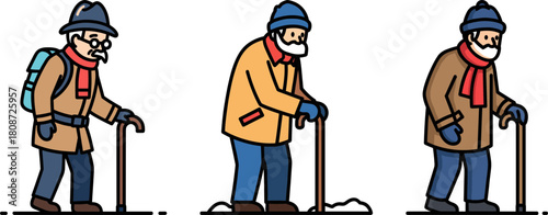 Three elderly men walking with canes in winter clothing on a dark background, showcasing different poses and styles of mobility, emphasizing age and resilience in outdoor activities.
