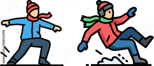 Two cartoon characters having winter fun with one slipping on ice and the other attempting to stay balanced outside on a snowy day with bright colors against a simple background