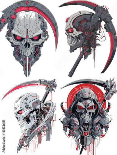 Detailed futuristic illustration of robotic skulls with cybernetic elements and sharp scythes. Dark sci fi artwork blending technology, mechanics, and intense graphic style.