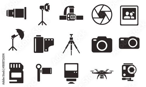 Video icon set. Containing camera, play, pause, media, online video, live, production, player, movie and cinema icons. Solid icon collection.