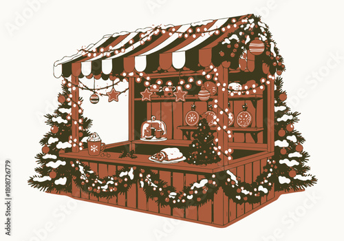 Festive Christmas Market Stall with Decorations and Treats Illustration.