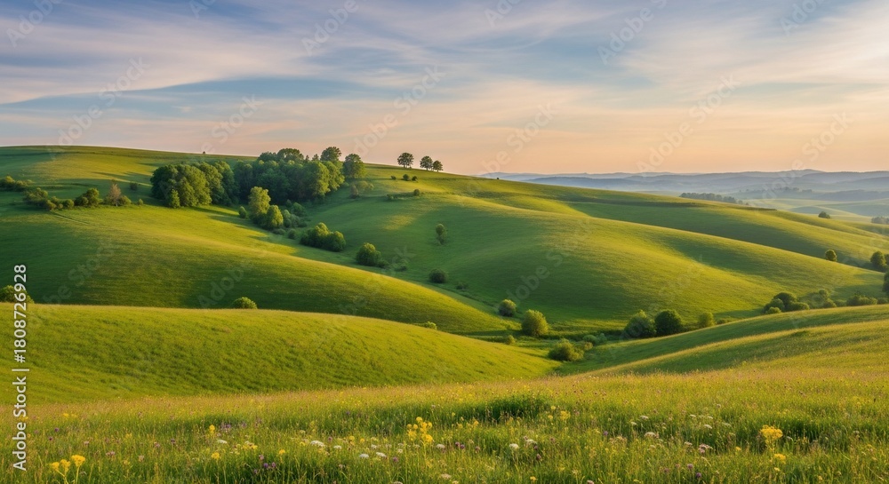 Obraz premium Rolling Green Hills Landscape at Sunset with Trees and Grassland, Serene Rural Scene.