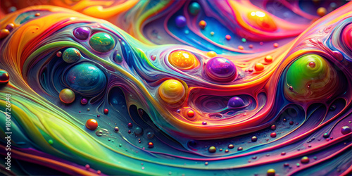 Bright swirls of paint in various colors blend together, creating a lively and mesmerizing abstract design. Bubbles add an interesting texture to this dynamic artwork