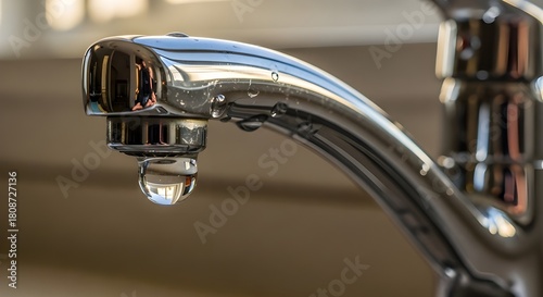A solitary water drop clinging to a gleaming silver faucet