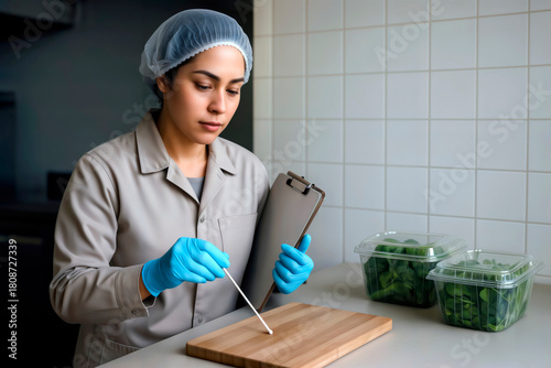 Food safety inspector taking a swab sample from a cutting board in a commercial kitchen.