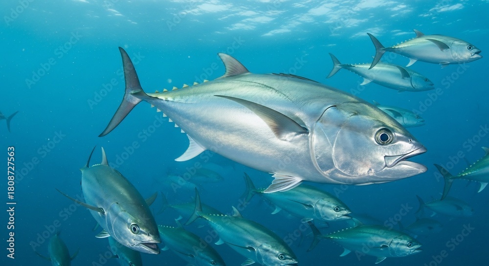 Fototapeta premium School of Tuna Fish Swimming in Blue Ocean Waters, Underwater View.