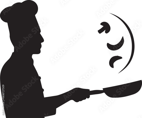 Chef silhouette cooking, tossing vegetables in pan