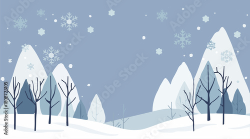 Vector template featuring a serene winter background with a flat design style, incorporating gentle snowflakes, bare trees, and a soft color palette