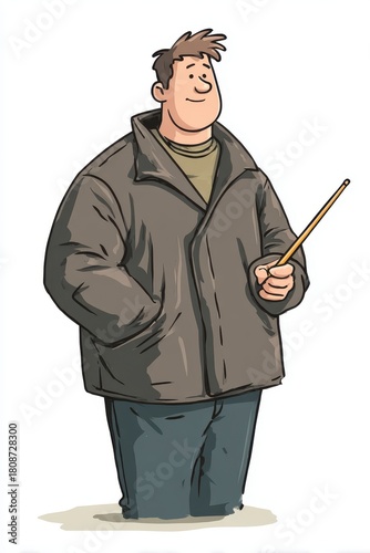 Man in Brown Jacket Holding a Stick with a Confident Expression and Casual Attire