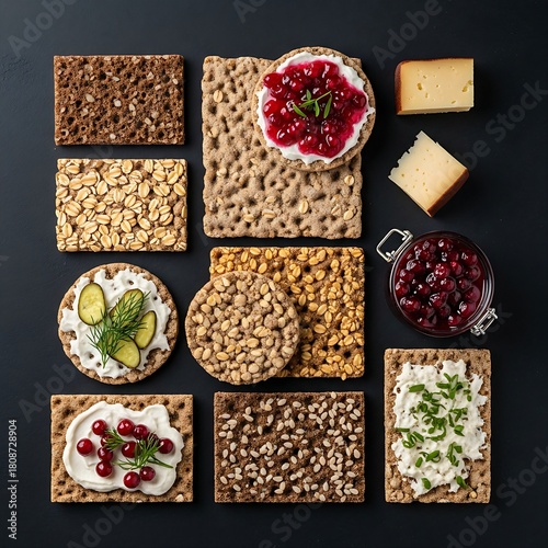 various Scandinavian Crispbread (Knekkebrød) types with a small pot of lingonberry jam and a single cube of Brunost.