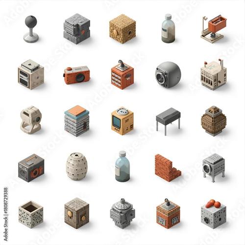 Voxel Isometric Icon Set of Tech Devices and Cubic Blocks