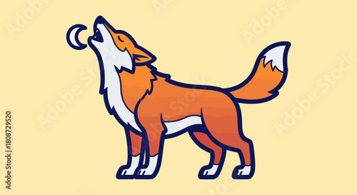 Stylized orange and white fox howling at the crescent moon.
