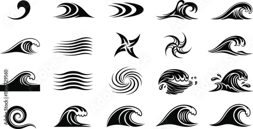 Collection of black and white wave designs for logos and tattoos