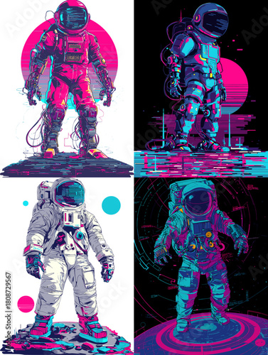 Vibrant neon style illustration of astronauts in detailed space suits with futuristic lighting and cosmic elements. Bold sci fi artwork with strong color contrast and retro aesthetics.
