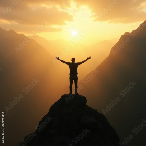 Silhouette of a person with arms outstretched on a mountain peak at sunset