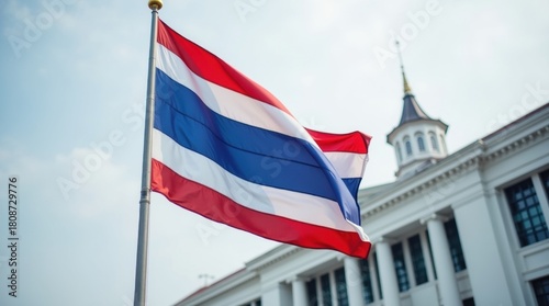 Thai flag waving in front of a white building with a spire