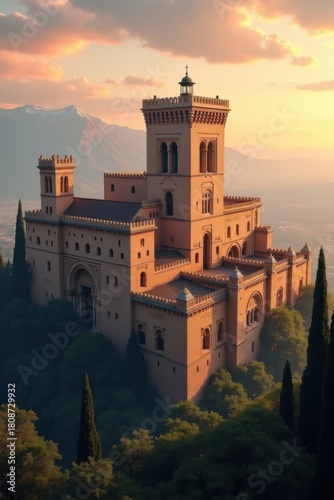 Historic italian castle bathed in golden sunset light on a hilltop