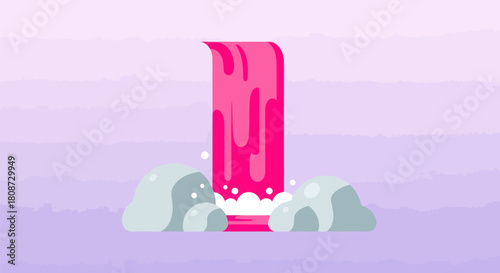 Stylized Pink Waterfall Cascade with Rocks, Flat Vector Illustration.