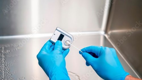 Gloved hands taking a swab for sterility.