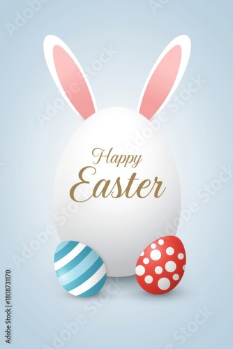 Happy easter greeting with bunny ears and decorated eggs