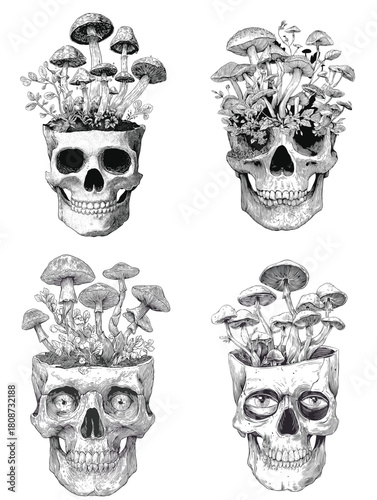Detailed monochrome illustration of skulls filled with mushrooms and wild plants. Artistic botanical skull concept blending nature, decay, and organic growth.