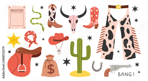 Set of wild west elements.  Retro collection of cowboy boots, bandana, hat, gun, cactus, horseshoe, cow skull, saddle, wanted poster and snake. Flat vector illustration